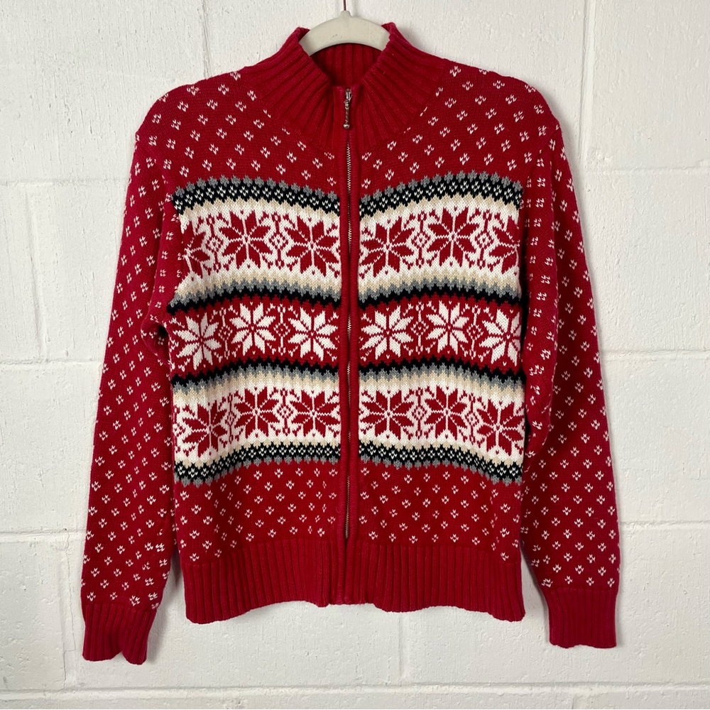 Vintage Dress Barn Ugly Christmas Cardigan Red Snowflake Nordic Cabincore SZ‎ M